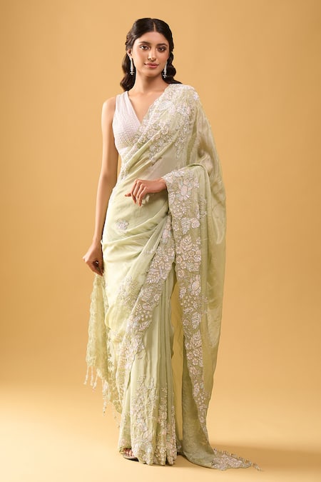 Azeera_Green Embroidery Aqua Saree With Unstitched Blouse Piece _at_Aza_Fashions