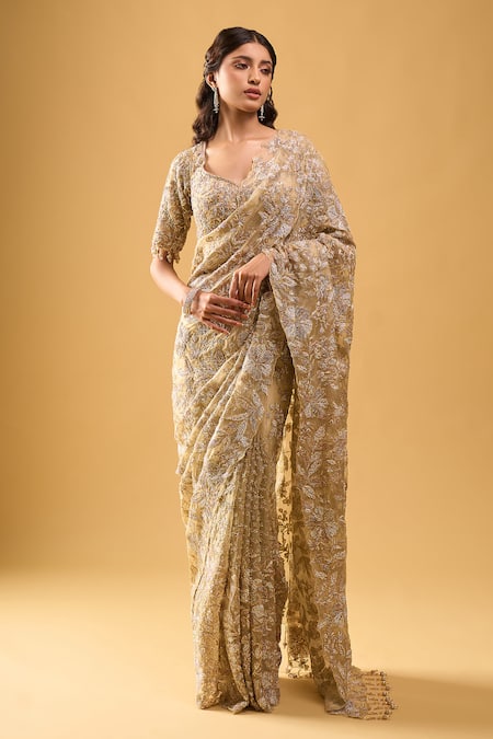 Azeera Gold Silk Embroidery, Tassels Sweetheart Neck Saree With Blouse 