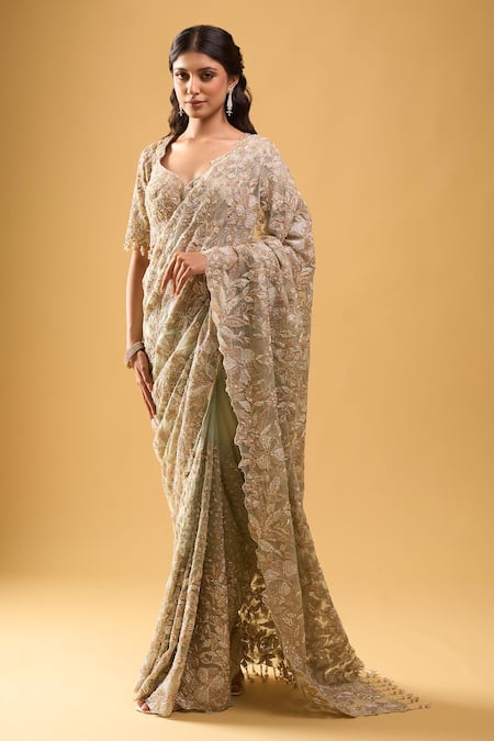 Azeera_Blue Embroidery, Zari Saree With Unstitched Blouse Piece _Online_at_Aza_Fashions