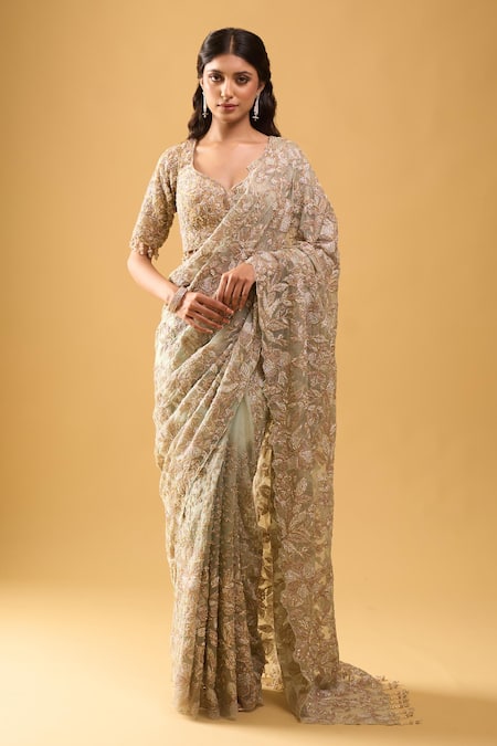 Buy_Azeera_Blue Embroidery, Zari Saree With Unstitched Blouse Piece _Online_at_Aza_Fashions