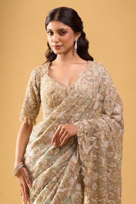 Shop_Azeera_Blue Embroidery, Zari Saree With Unstitched Blouse Piece _Online_at_Aza_Fashions