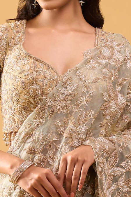 Azeera_Blue Embroidery, Zari Saree With Unstitched Blouse Piece _at_Aza_Fashions