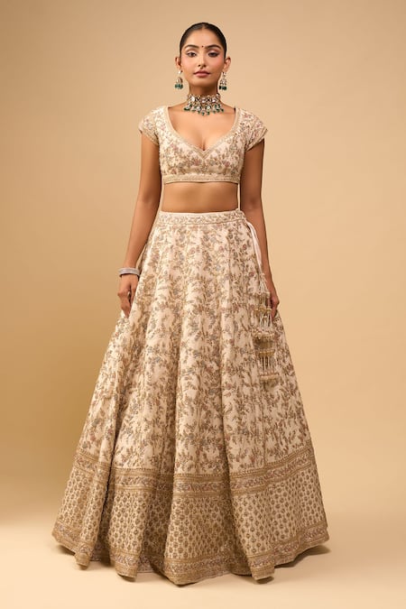 Azeera_Ivory Embroidery V-neck Bridal Lehenga Set _Online_at_Aza_Fashions