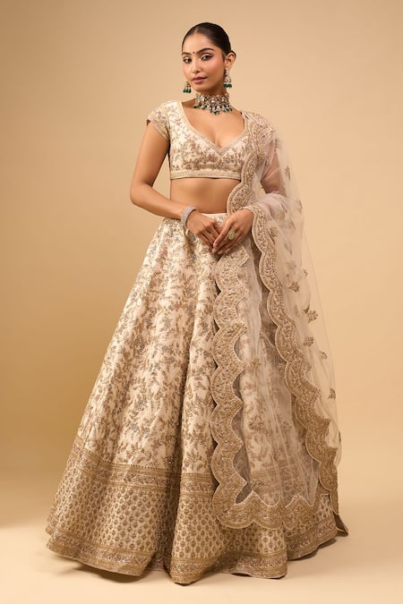 Buy_Azeera_Ivory Embroidery V-neck Bridal Lehenga Set _Online_at_Aza_Fashions