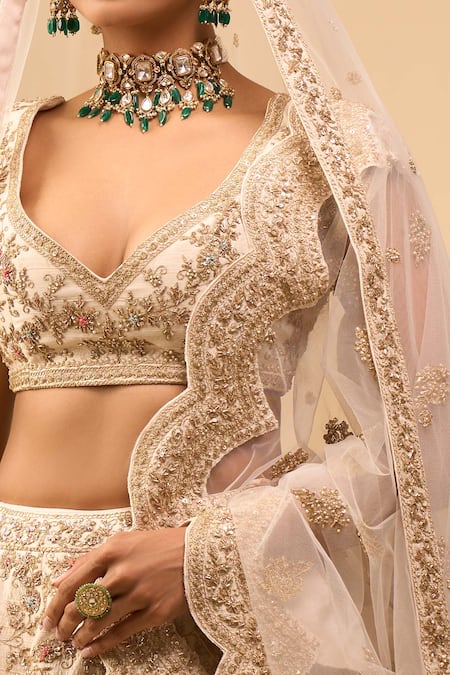 Shop_Azeera_Ivory Embroidery V-neck Bridal Lehenga Set _Online_at_Aza_Fashions