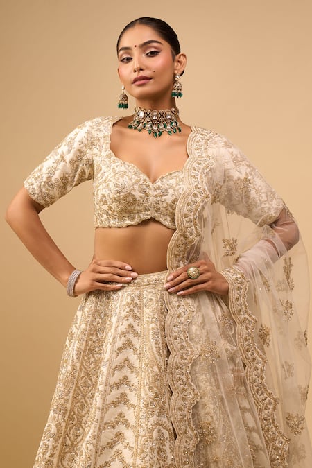 Shop_Azeera_Ivory Sequins, Embroidery Sweetheart Neck Bridal Lehenga Set _Online_at_Aza_Fashions