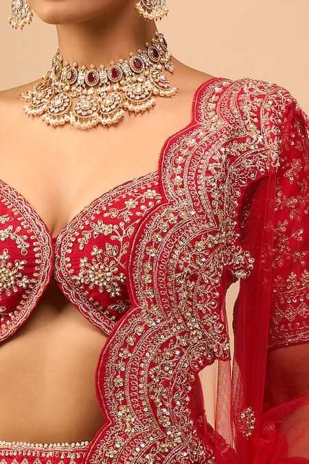 Azeera Red Tassels, Embroidery V-neck Bridal Lehenga Set Online at Aza Fashions Azeera_Red Tassels, Embroidery V-neck Bridal Lehenga Set _Online_at_Aza_Fashions