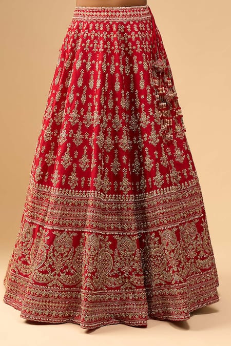 Buy Azeera Red Tassels, Embroidery V-neck Bridal Lehenga Set Online at Aza Fashions Buy_Azeera_Red Tassels, Embroidery V-neck Bridal Lehenga Set _Online_at_Aza_Fashions