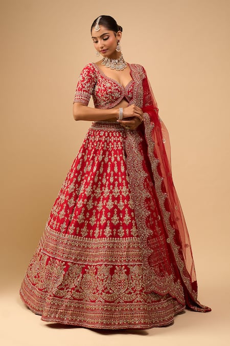Shop Azeera Red Tassels, Embroidery V-neck Bridal Lehenga Set Online at Aza Fashions Shop_Azeera_Red Tassels, Embroidery V-neck Bridal Lehenga Set _Online_at_Aza_Fashions