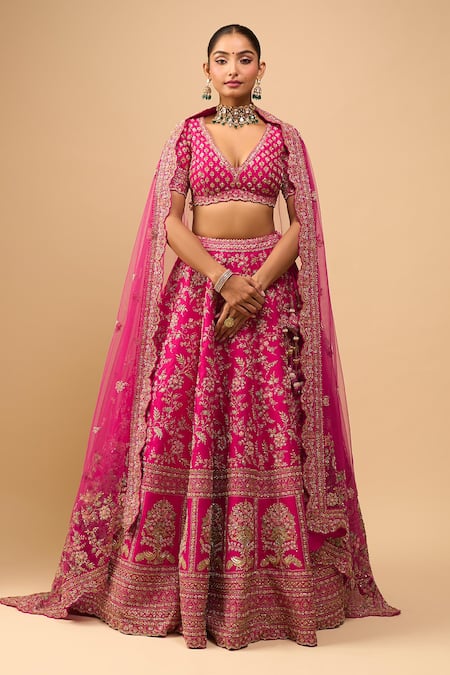 Azeera Pink Tassels, Sequins, Embroidery V-neck Rani Bridal Lehenga Set Online at Aza Fashions Azeera_Pink Tassels, Sequins, Embroidery V-neck Rani Bridal Lehenga Set _Online_at_Aza_Fashions