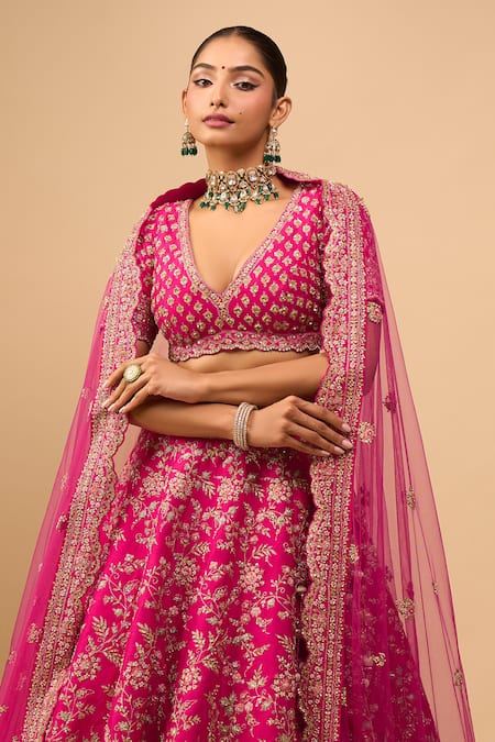 Buy Azeera Pink Tassels, Sequins, Embroidery V-neck Rani Bridal Lehenga Set Online at Aza Fashions Buy_Azeera_Pink Tassels, Sequins, Embroidery V-neck Rani Bridal Lehenga Set _Online_at_Aza_Fashions