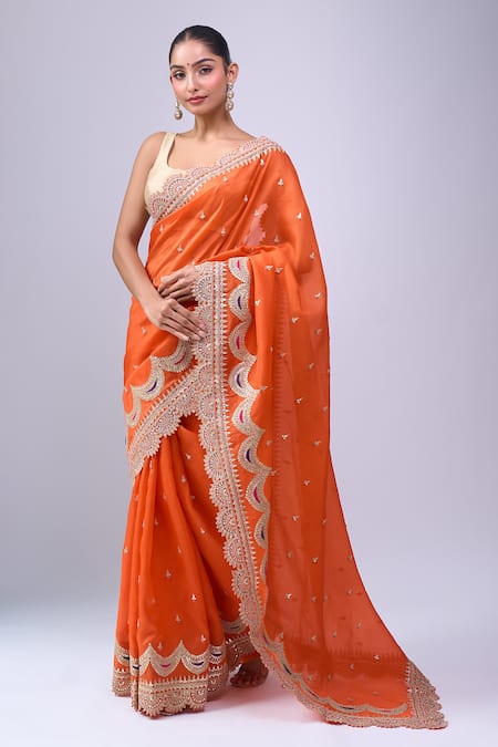 Azeera_Orange Embroidery, Zari Saree With Unstitched Blouse Piece _Online_at_Aza_Fashions