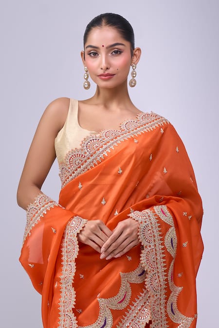 Shop_Azeera_Orange Embroidery, Zari Saree With Unstitched Blouse Piece _Online_at_Aza_Fashions