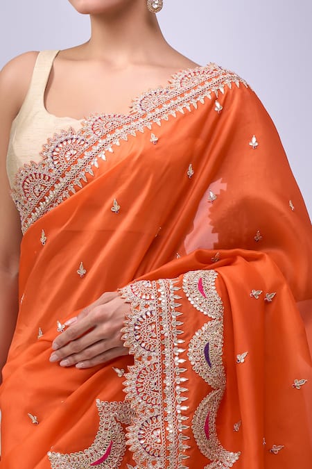 Azeera_Orange Embroidery, Zari Saree With Unstitched Blouse Piece _at_Aza_Fashions