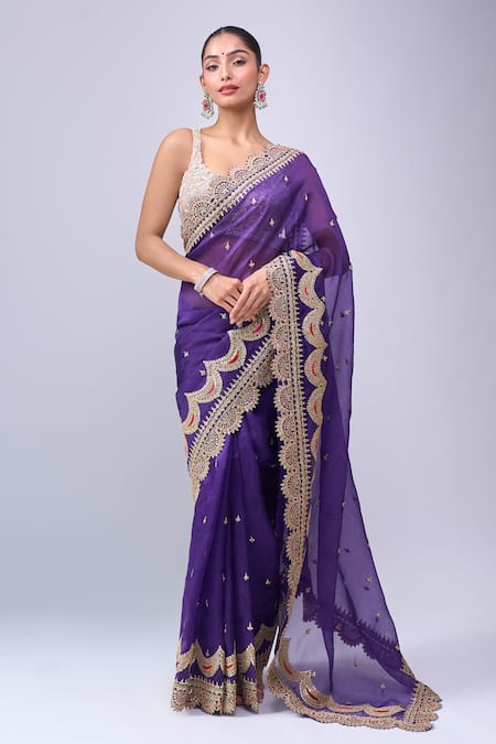 Azeera Purple Embroidery, Zari, Sequins Saree With Unstitched Blouse Piece 