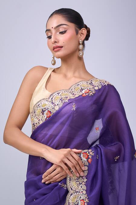 Buy_Azeera_Purple Embroidery, Zari Saree With Unstitched Blouse Piece _Online_at_Aza_Fashions