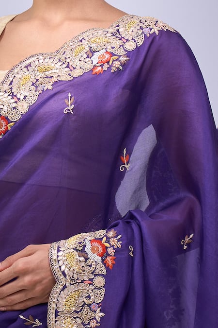 Shop_Azeera_Purple Embroidery, Zari Saree With Unstitched Blouse Piece _Online_at_Aza_Fashions