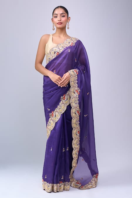 Azeera_Purple Embroidery, Zari Saree With Unstitched Blouse Piece _at_Aza_Fashions