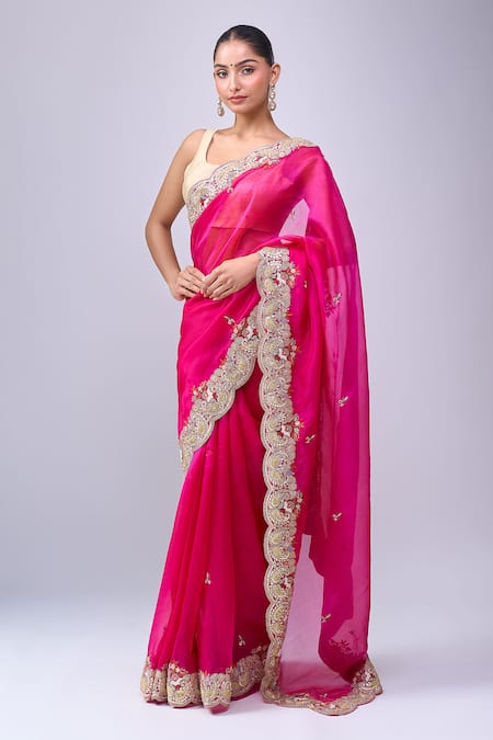 Azeera Pink Embroidery, Zari Scalloped Saree With Unstitched Blouse Piece 