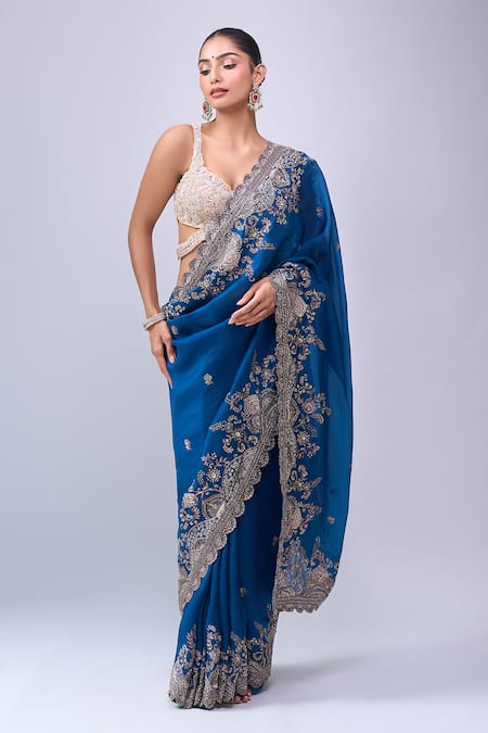 Azeera_Blue Embroidery, Zari Saree With Unstitched Blouse Piece _Online_at_Aza_Fashions