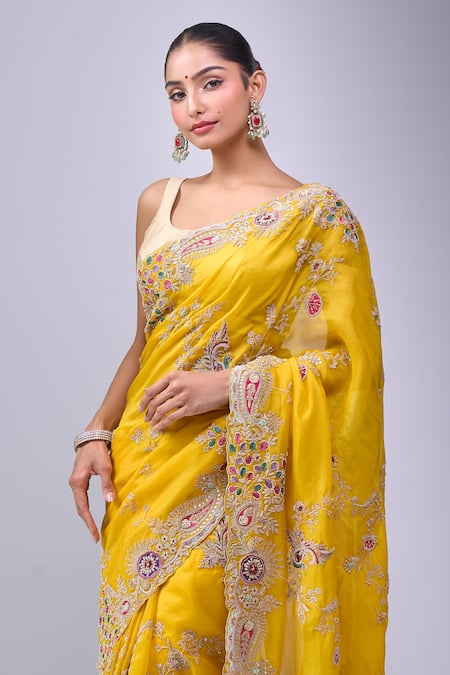 Azeera_Yellow Embroidery, Sequins, Zari Saree With Unstitched Blouse Piece _Online_at_Aza_Fashions