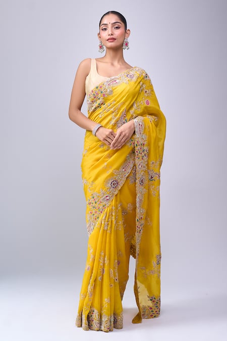 Azeera Yellow Embroidery, Sequins, Zari Saree With Unstitched Blouse Piece 