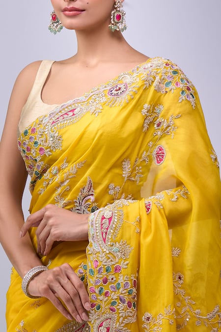 Buy_Azeera_Yellow Embroidery, Sequins, Zari Saree With Unstitched Blouse Piece _Online_at_Aza_Fashions