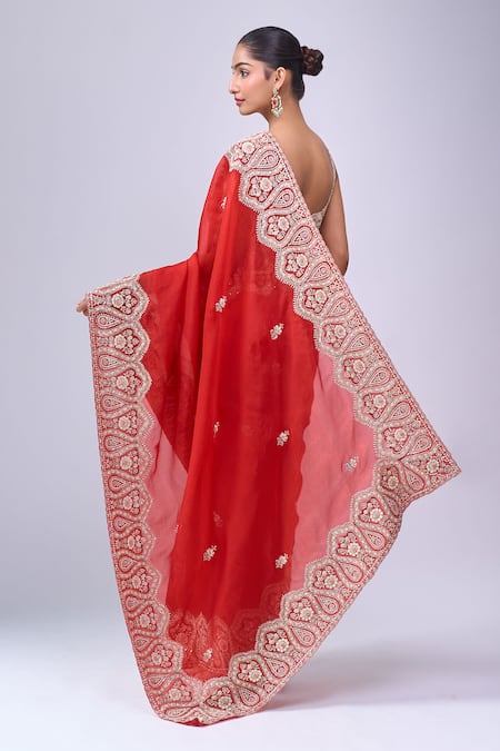 Shop Azeera Red Embroidery, Zari Paisley Saree With Unstitched Blouse Piece at Aza Fashions Shop_Azeera_Red Embroidery, Zari Paisley Saree With Unstitched Blouse Piece _at_Aza_Fashions
