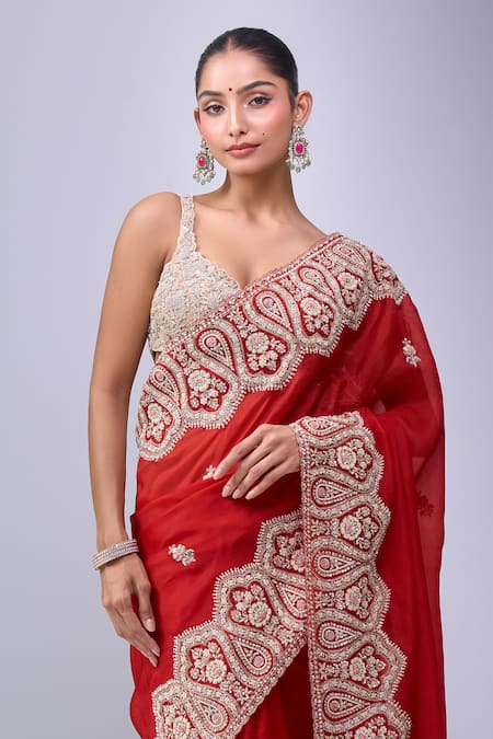 Azeera Red Embroidery, Zari Paisley Saree With Unstitched Blouse Piece Online at Aza Fashions Azeera_Red Embroidery, Zari Paisley Saree With Unstitched Blouse Piece _Online_at_Aza_Fashions