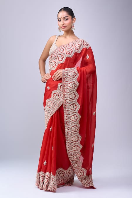 Shop Azeera Red Embroidery, Zari Paisley Saree With Unstitched Blouse Piece Online at Aza Fashions Shop_Azeera_Red Embroidery, Zari Paisley Saree With Unstitched Blouse Piece _Online_at_Aza_Fashions