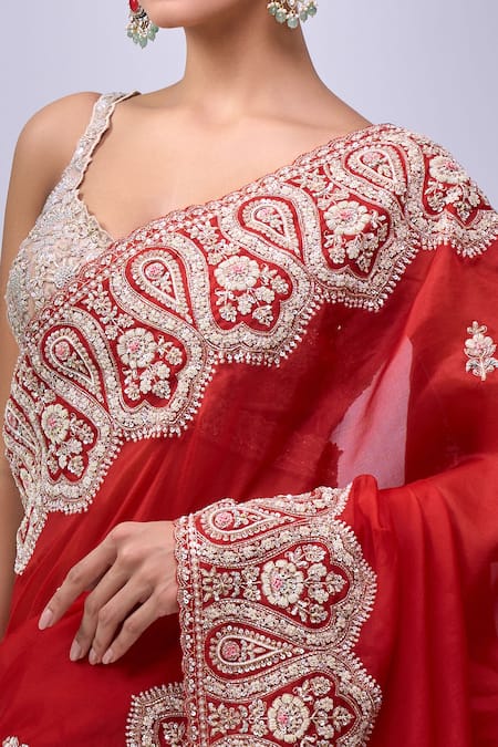 Azeera Red Embroidery, Zari Paisley Saree With Unstitched Blouse Piece at Aza Fashions Azeera_Red Embroidery, Zari Paisley Saree With Unstitched Blouse Piece _at_Aza_Fashions
