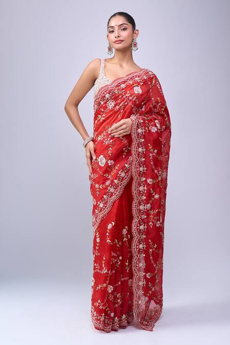 Buy_Azeera_Red Embroidery, Metallic Thread Floral Saree With Unstitched Blouse Piece _Online_at_Aza_Fashions