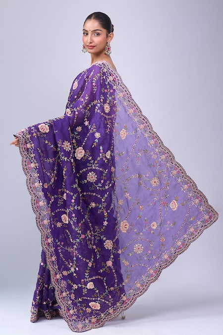Buy_Azeera_Purple Embroidery, Metallic Thread Floral Saree With Unstitched Blouse Piece _Online_at_Aza_Fashions