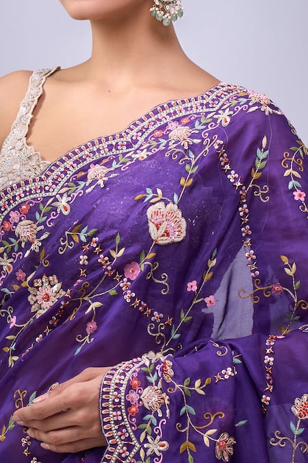 Shop_Azeera_Purple Embroidery, Metallic Thread Floral Saree With Unstitched Blouse Piece _Online_at_Aza_Fashions
