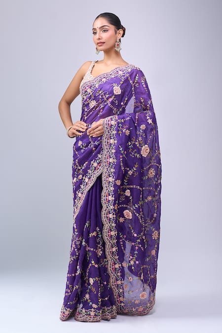 Azeera Floral Embroidered Saree With Unstitched Blouse Piece 