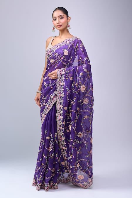 Azeera_Purple Embroidery, Metallic Thread Floral Saree With Unstitched Blouse Piece _at_Aza_Fashions