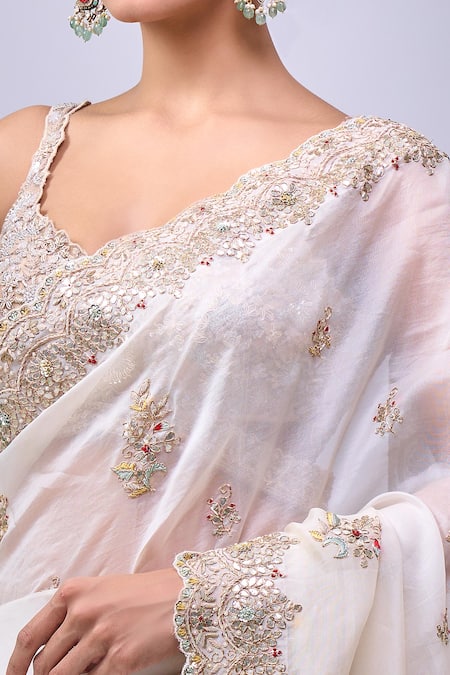 Azeera_Ivory Organza Embroidery, Zari, Beads Saree With Unstitched Blouse _Online_at_Aza_Fashions
