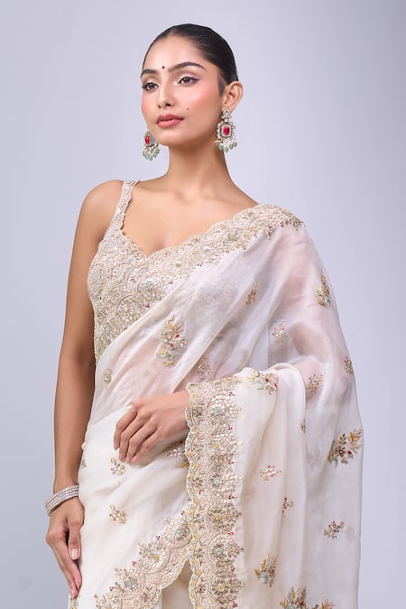 Shop_Azeera_Ivory Organza Embroidery, Zari, Beads Saree With Unstitched Blouse _Online_at_Aza_Fashions