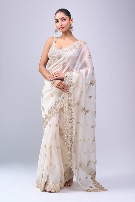 Azeera_Ivory Organza Embroidery, Zari, Beads Saree With Unstitched Blouse _at_Aza_Fashions
