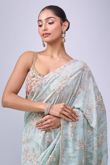 Shop_Azeera_Blue Embroidery, Sequins, Zari Saree With Unstitched Blouse Piece_Online_at_Aza_Fashions