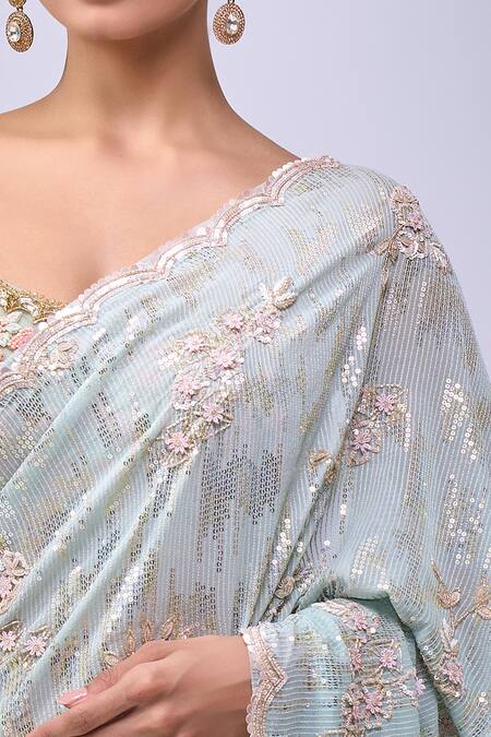 Azeera_Blue Embroidery, Sequins, Zari Saree With Unstitched Blouse Piece_at_Aza_Fashions