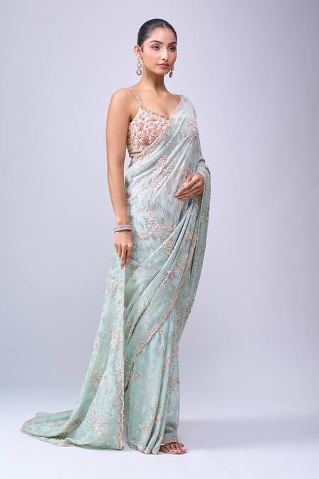 Buy_Azeera_Blue Embroidery, Sequins, Zari Saree With Unstitched Blouse Piece