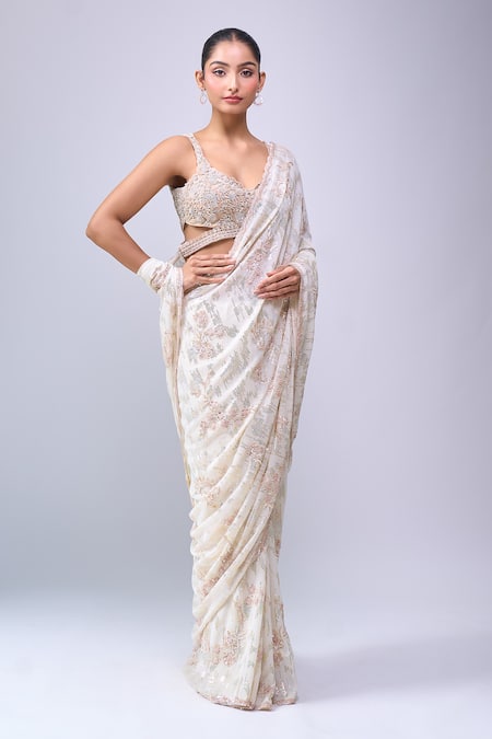 Buy_Azeera_Ivory Embroidery, Sequins, Zari Floral Saree With Unstitched Blouse Piece_Online_at_Aza_Fashions