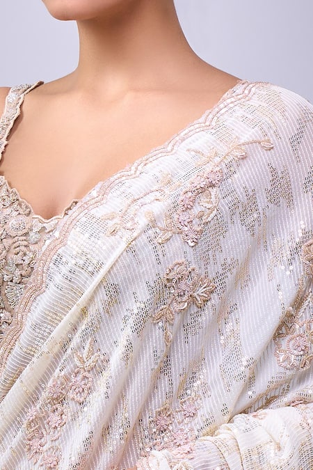 Shop_Azeera_Ivory Embroidery, Sequins, Zari Floral Saree With Unstitched Blouse Piece_Online_at_Aza_Fashions