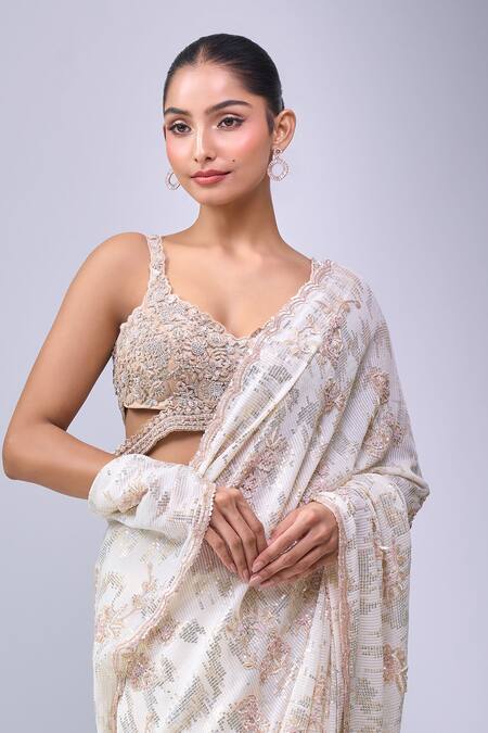 Azeera_Ivory Embroidery, Sequins, Zari Floral Saree With Unstitched Blouse Piece_at_Aza_Fashions