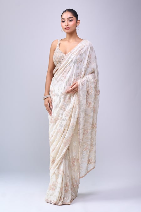 Buy_Azeera_Ivory Embroidery, Sequins, Zari Floral Saree With Unstitched Blouse Piece