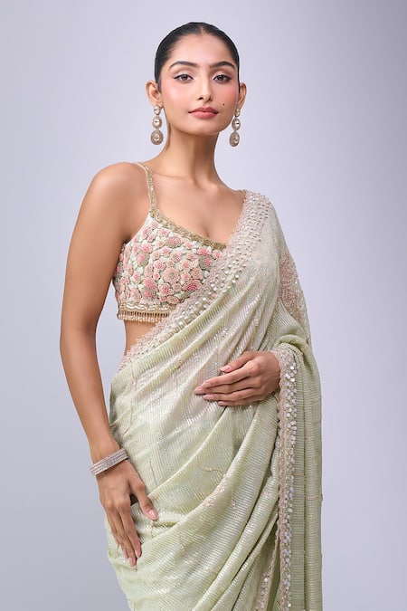 Buy_Azeera_Green Sequins, Embroidery Saree With Unstitched Blouse Piece_Online_at_Aza_Fashions
