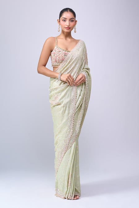 Shop_Azeera_Green Sequins, Embroidery Saree With Unstitched Blouse Piece_Online_at_Aza_Fashions