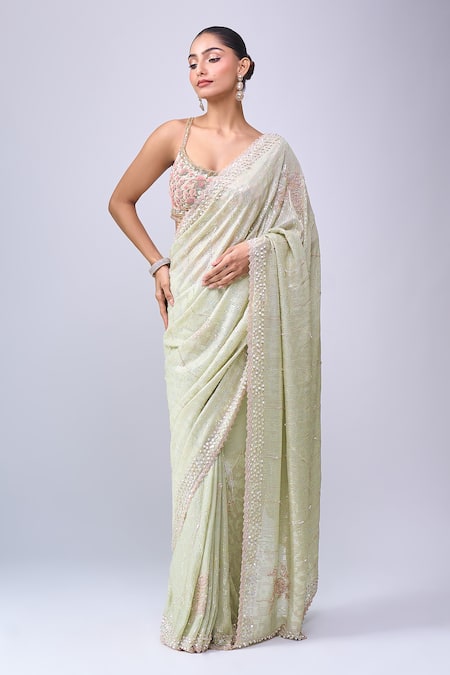 Azeera_Green Sequins, Embroidery Saree With Unstitched Blouse Piece_at_Aza_Fashions
