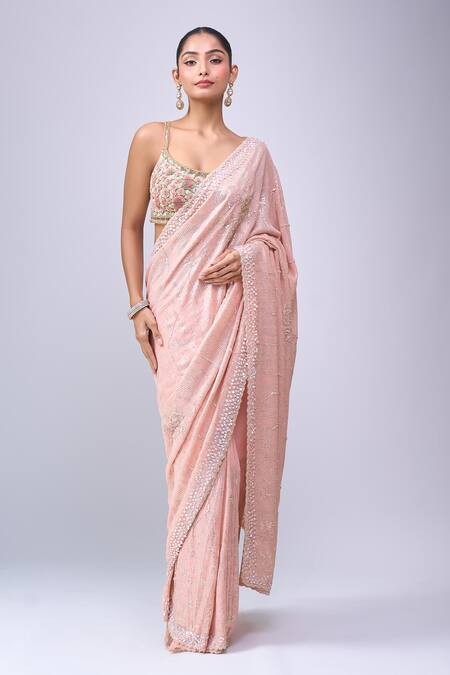 Azeera_Pink Sequins, Embroidery, Zari Saree With Unstitched Blouse Piece_Online_at_Aza_Fashions